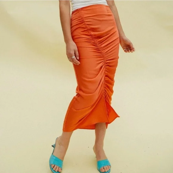🆕THE LINE BY K ORANGE SISILIA ADJUSTABLE LENGTH MIDI SKIRT ASYMMETRICAL RUCHING - Picture 6 of 9